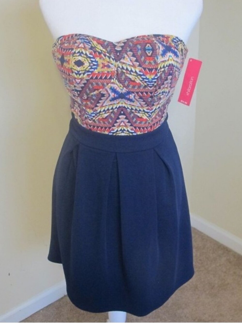 Xhilaration Navy Dress with Multicolor Geometric Design